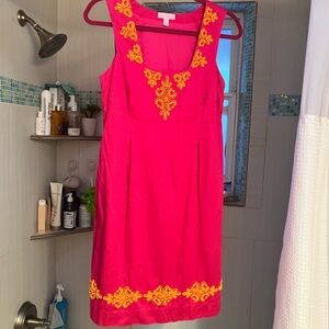 Lilly Pulitzer Fuchsia Dress with Orange Embellishments. Lined.